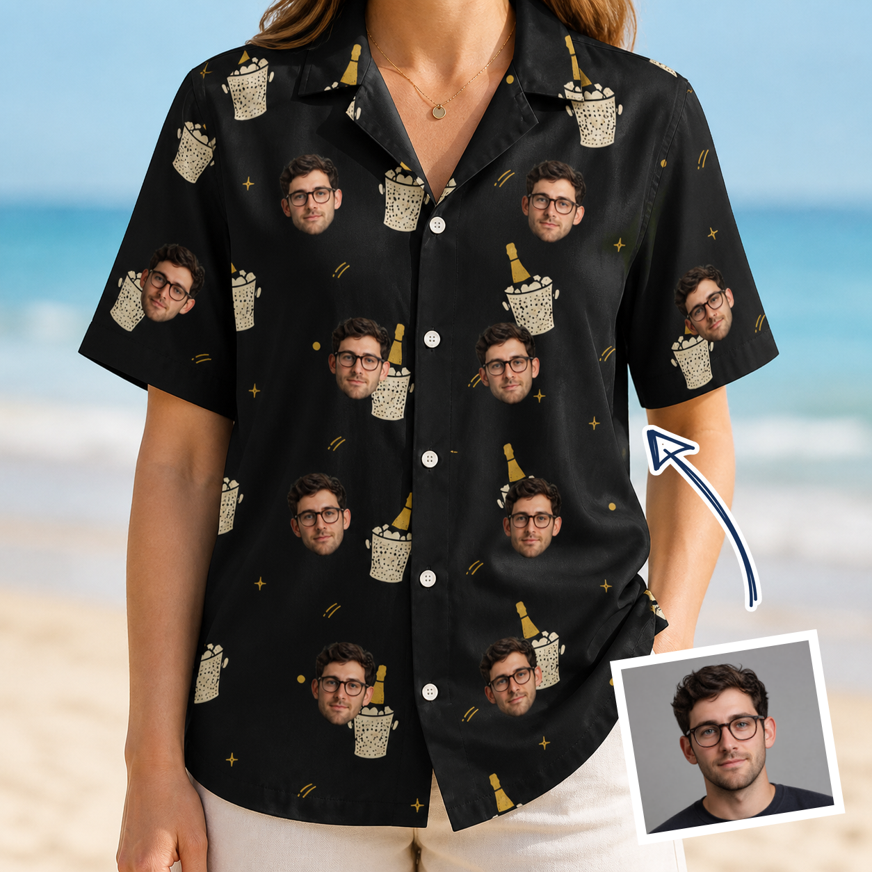 Woman wearing Women's Frosted Flutes Custom Face Hawaiian Shirt — custom faces printed all-over