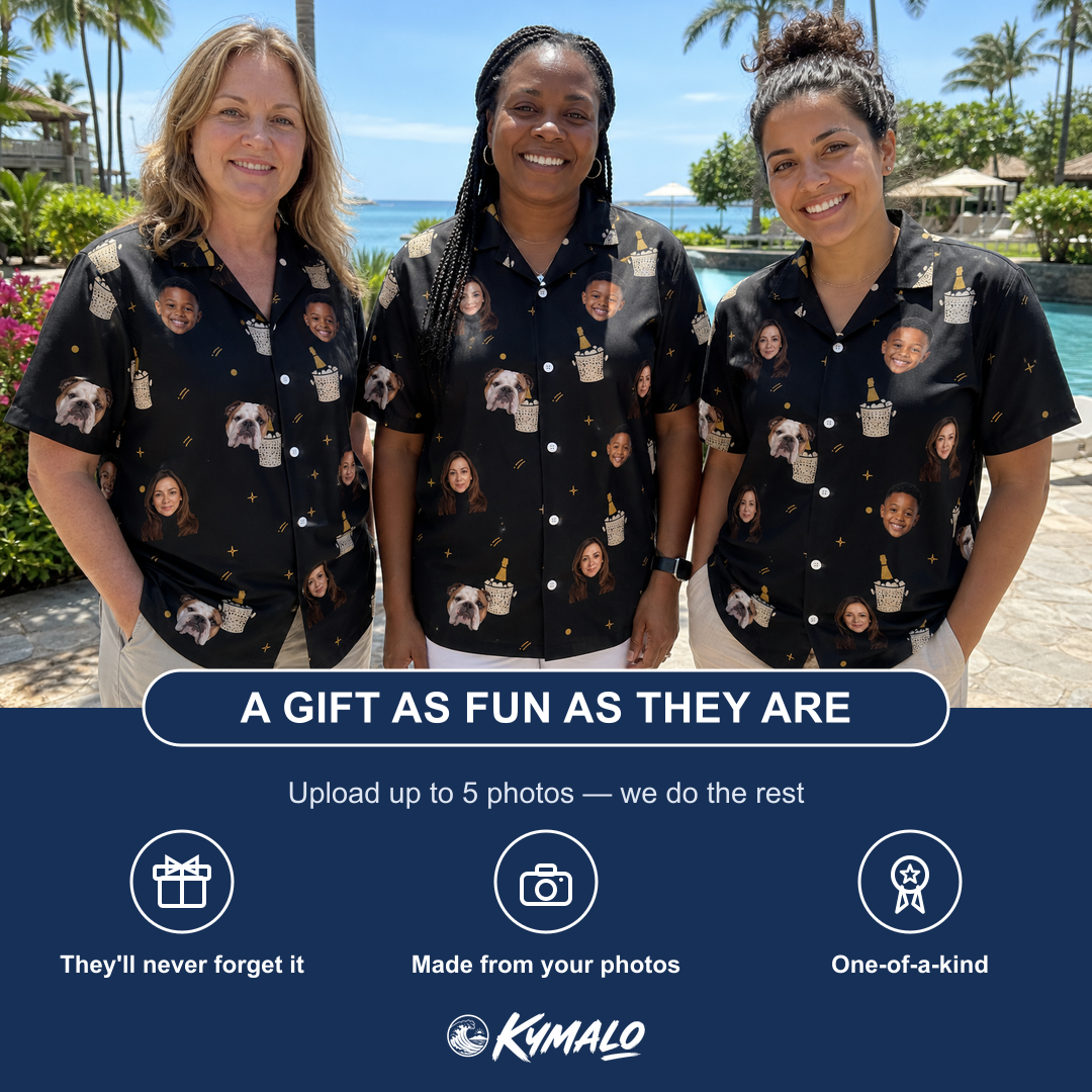 Friends in matching Women's Frosted Flutes Custom Face Hawaiian Shirt — a group gift photo