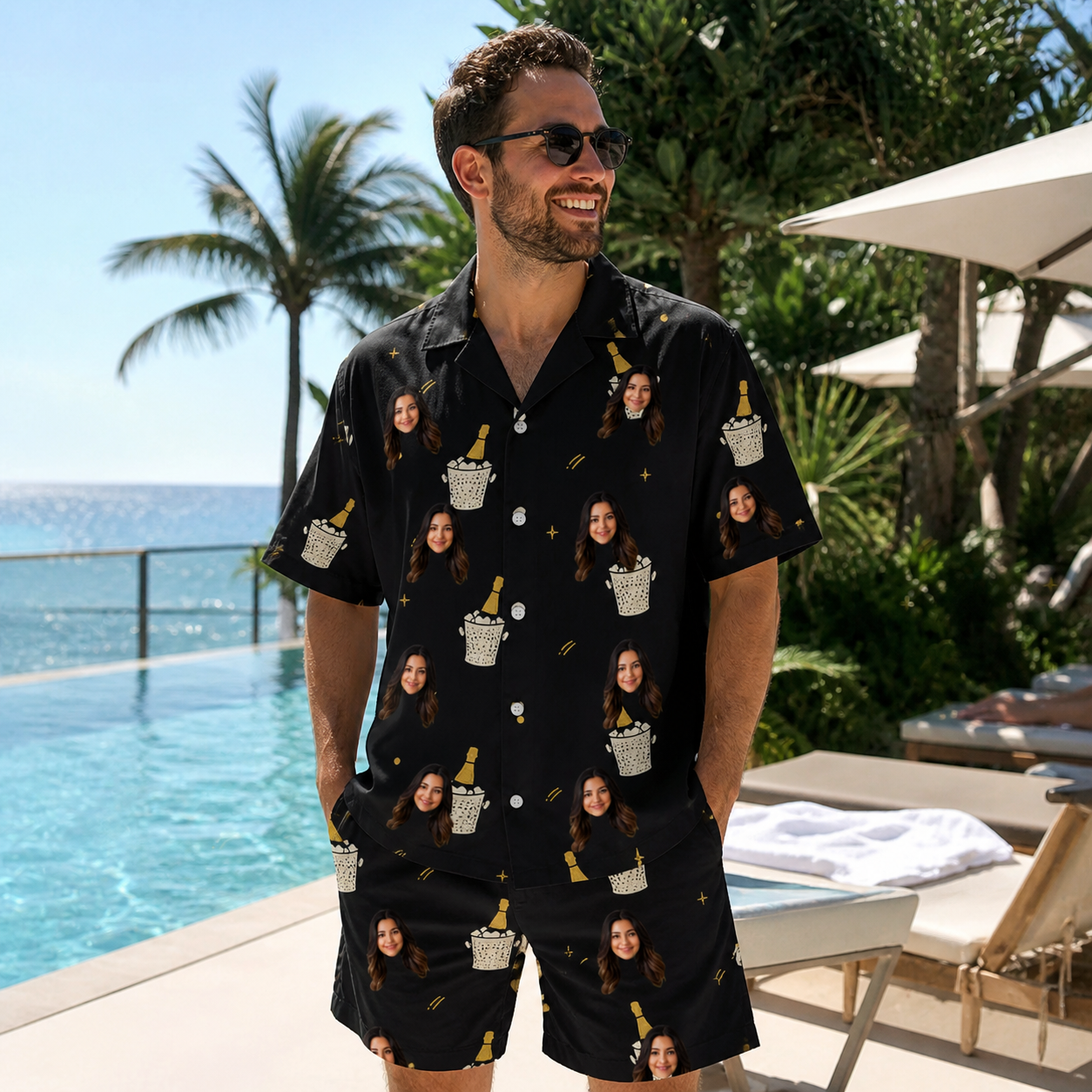 Real-life photo of someone wearing Men's Frosted Flutes Custom Face Shirt & Shorts Set — custom faces printed all-over