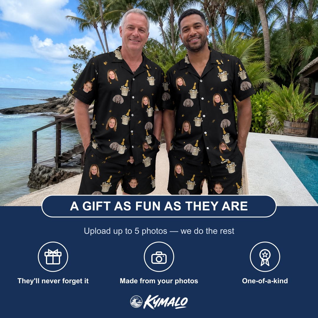 Friends in matching Men's Frosted Flutes Custom Face Shirt & Shorts Set — a group gift photo