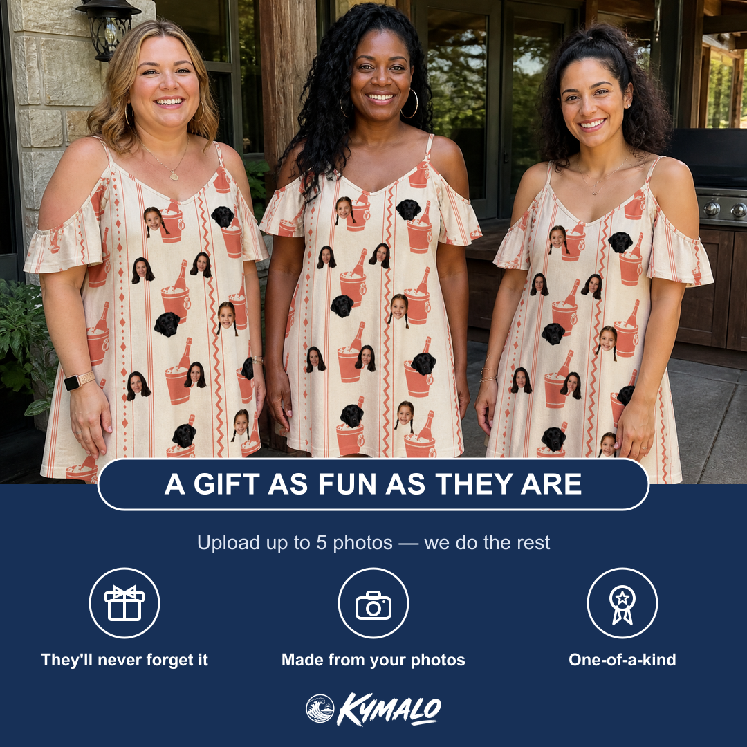 Friends in matching Women's Bubbly Buckets Custom Face Off-Shoulder Dress — a group gift photo