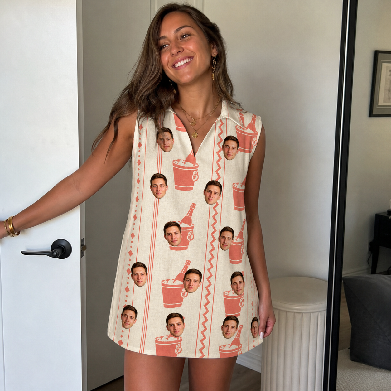 Real-life photo of someone wearing Women's Bubbly Buckets Custom Face V-Neck Dress — custom faces printed all-over