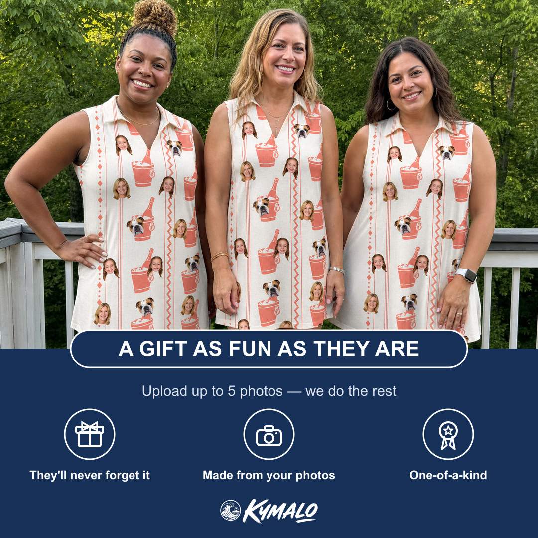 Friends in matching Women's Bubbly Buckets Custom Face V-Neck Dress — a group gift photo