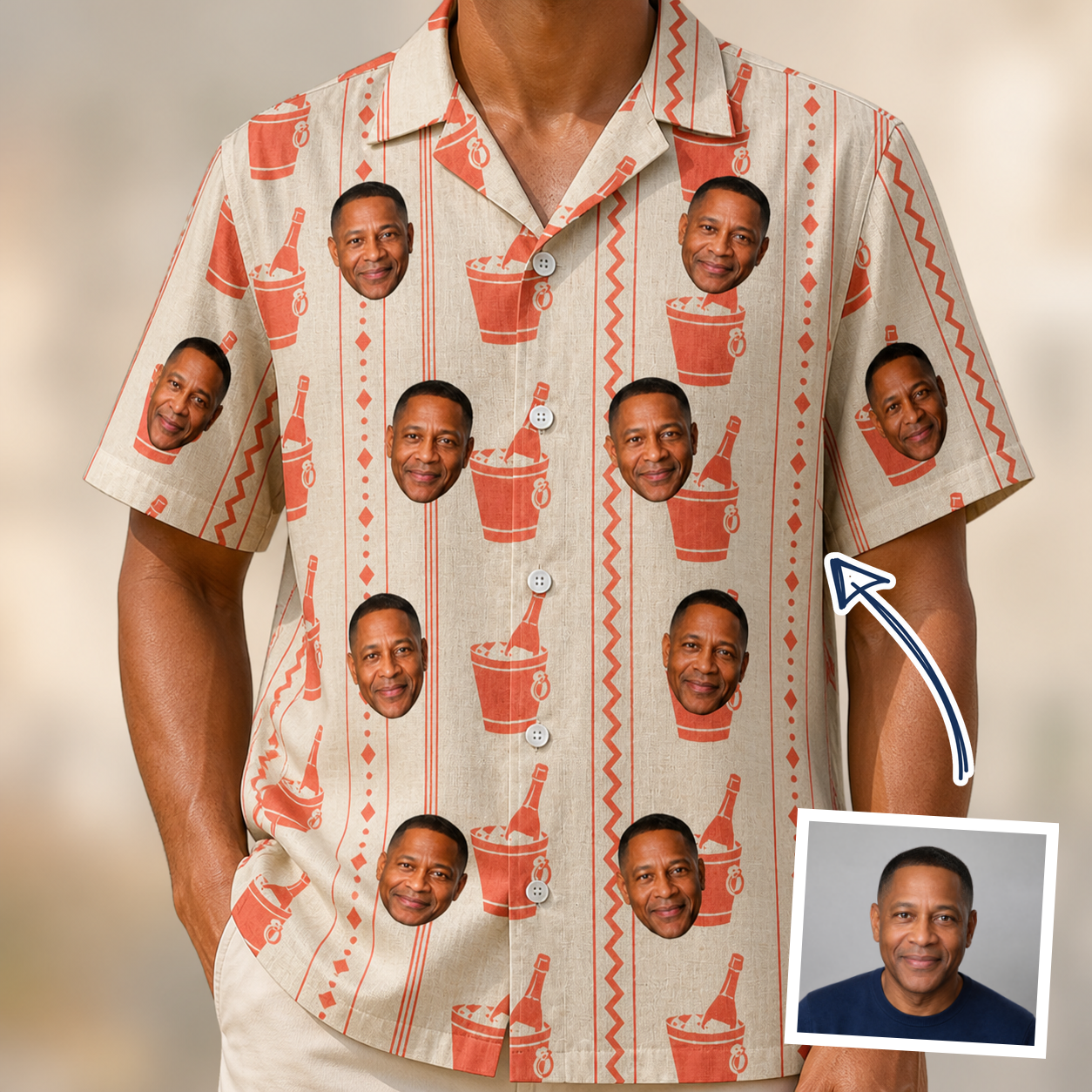 Man wearing Men's Bubbly Buckets Custom Face Hawaiian Shirt — custom faces printed all-over
