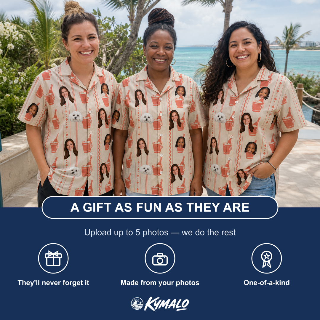 Friends in matching Women's Bubbly Buckets Custom Face Hawaiian Shirt — a group gift photo