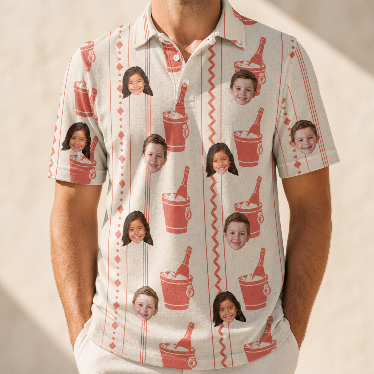 Model wearing Men's Bubbly Buckets Custom Face Polo Shirt printed with kids' faces