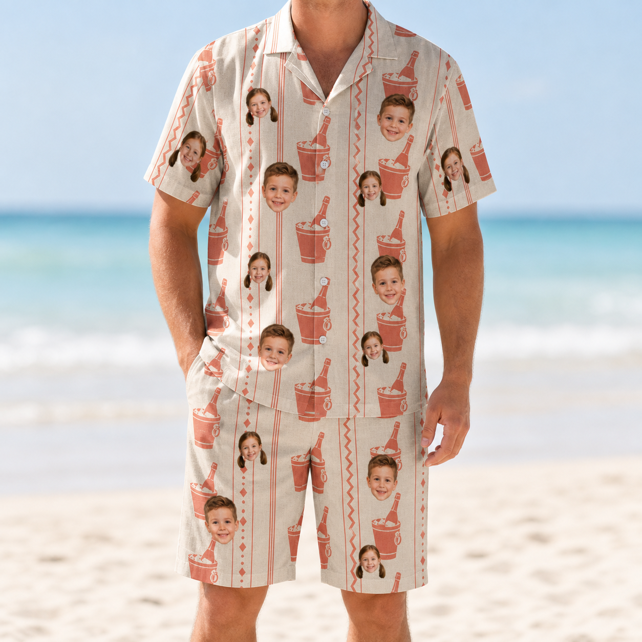 Model wearing Men's Bubbly Buckets Custom Face Shirt & Shorts Set printed with kids' faces