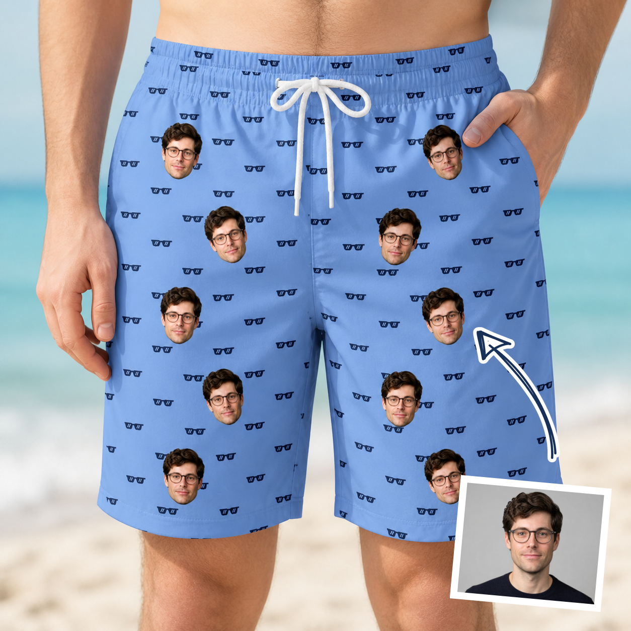 Man wearing Men's Bride Blinders Custom Face Beach Shorts — custom faces printed all-over