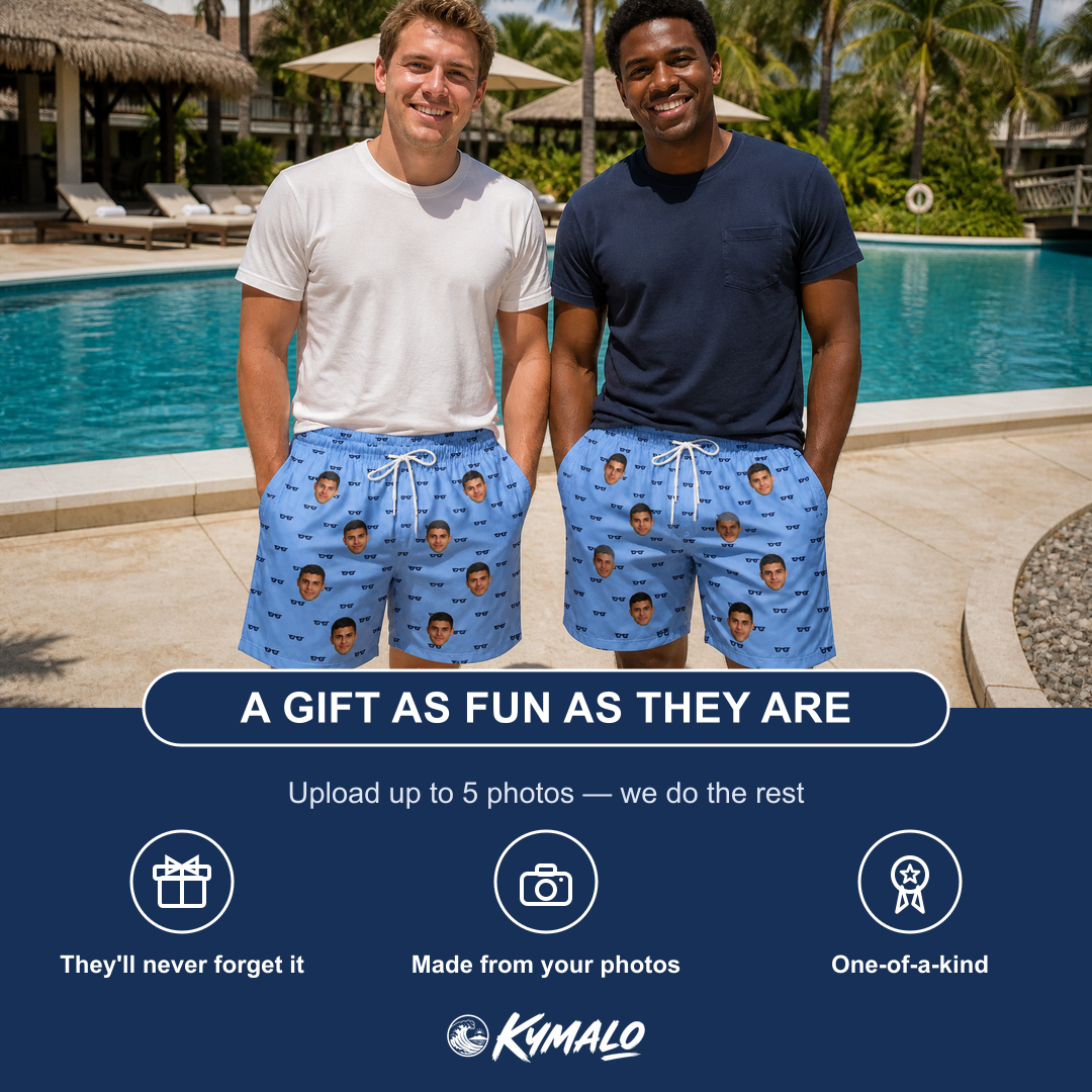 Friends in matching Men's Bride Blinders Custom Face Beach Shorts — a group gift photo