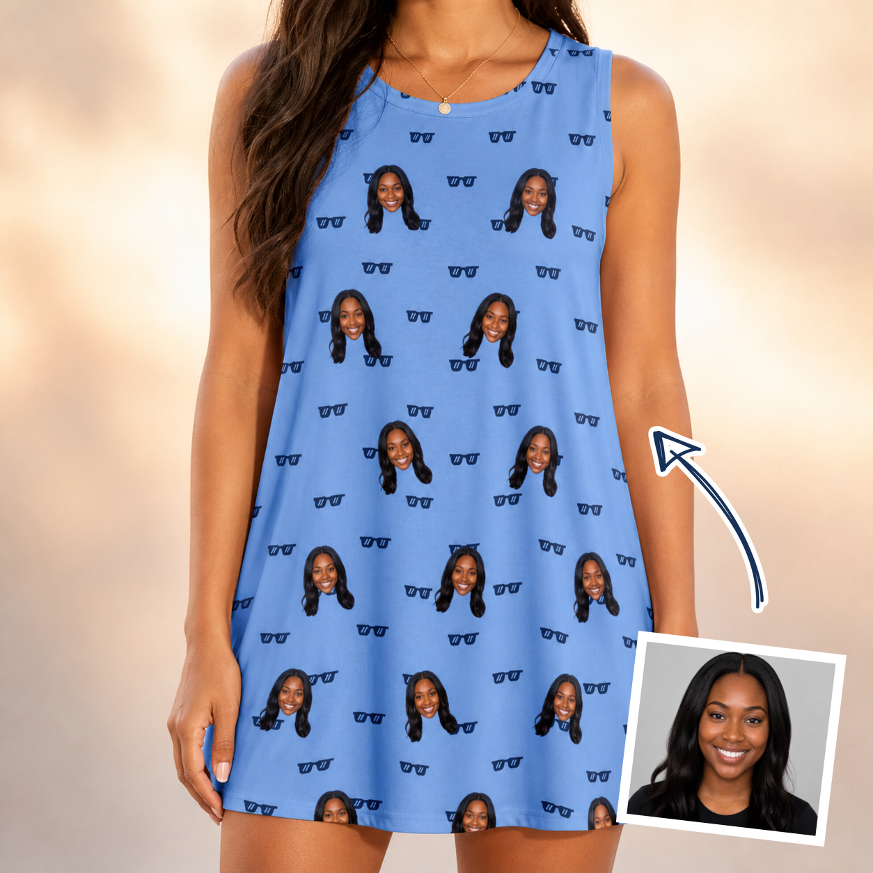 Woman wearing Women's Bride Blinders Custom Face Tank Dress — custom faces printed all-over
