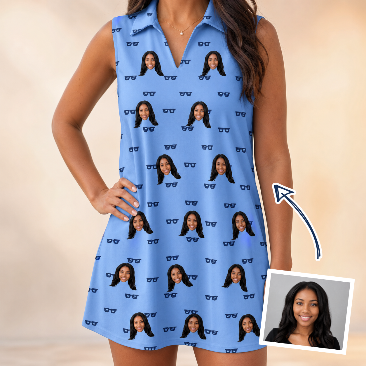 Woman wearing Women's Bride Blinders Custom Face V-Neck Dress — custom faces printed all-over