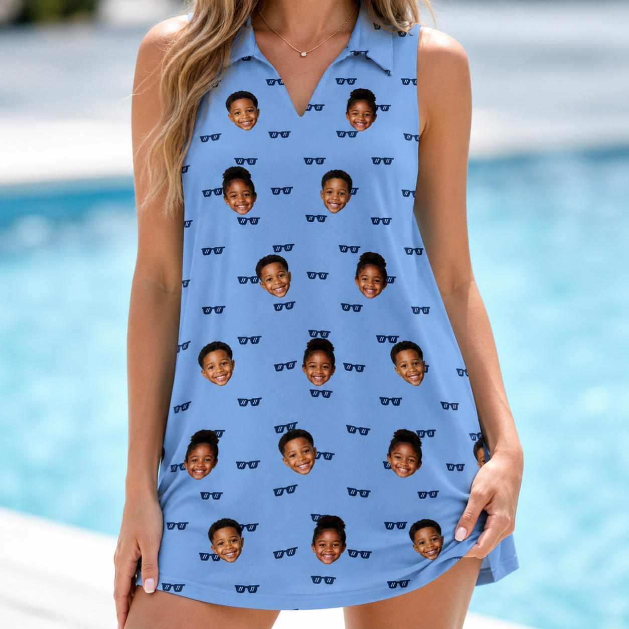 Model wearing Women's Bride Blinders Custom Face V-Neck Dress printed with kids' faces