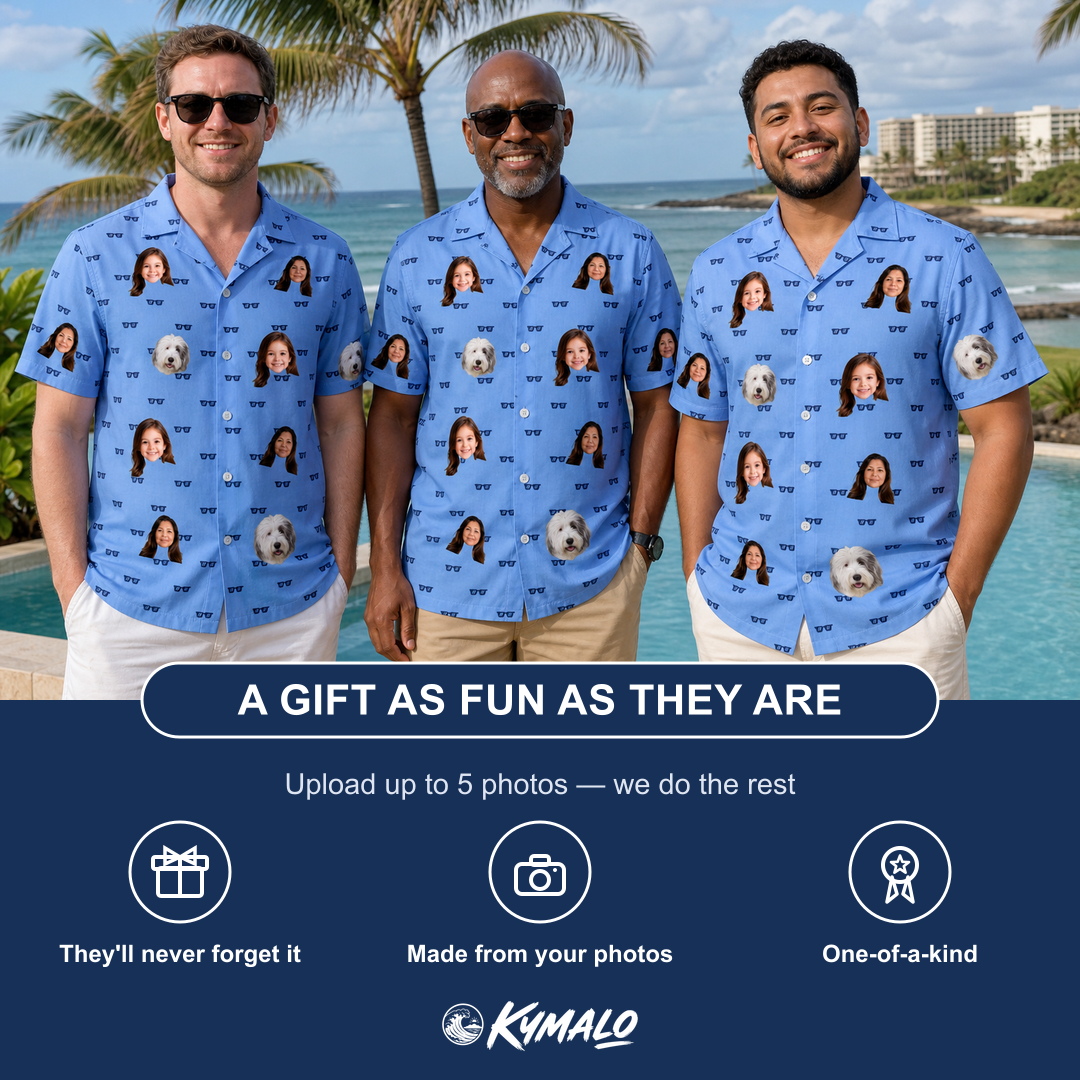Friends in matching Men's Bride Blinders Custom Face Hawaiian Shirt — a group gift photo