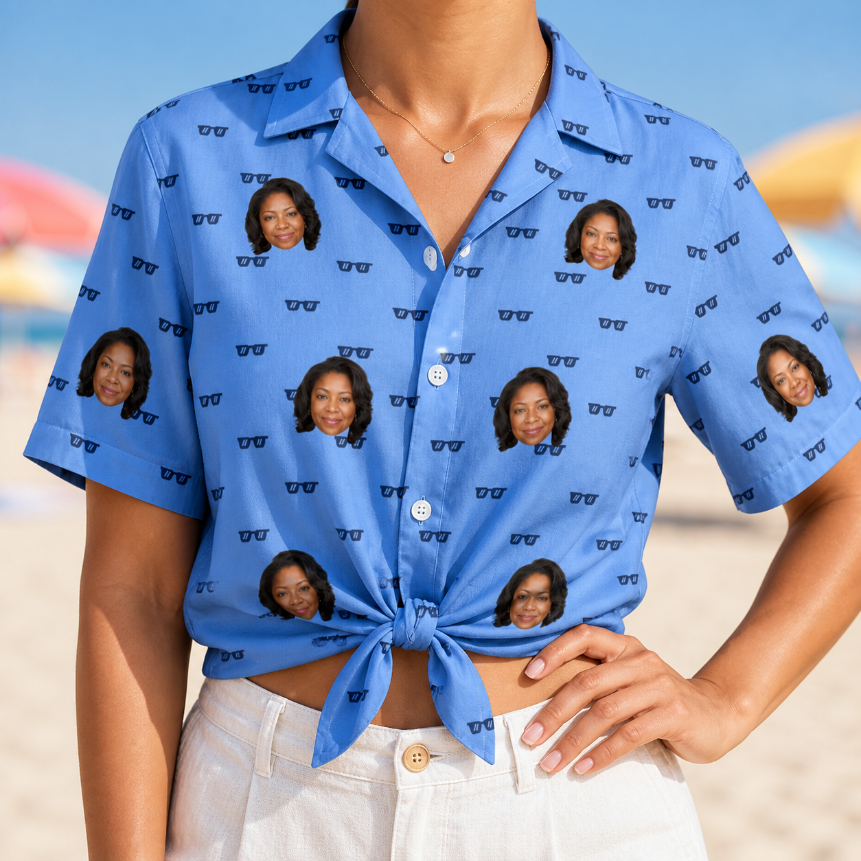 Woman wearing Women's Bride Blinders Custom Face Hawaiian Shirt tied at the waist