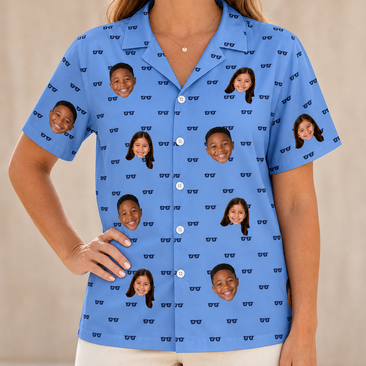 Model wearing Women's Bride Blinders Custom Face Hawaiian Shirt printed with kids' faces
