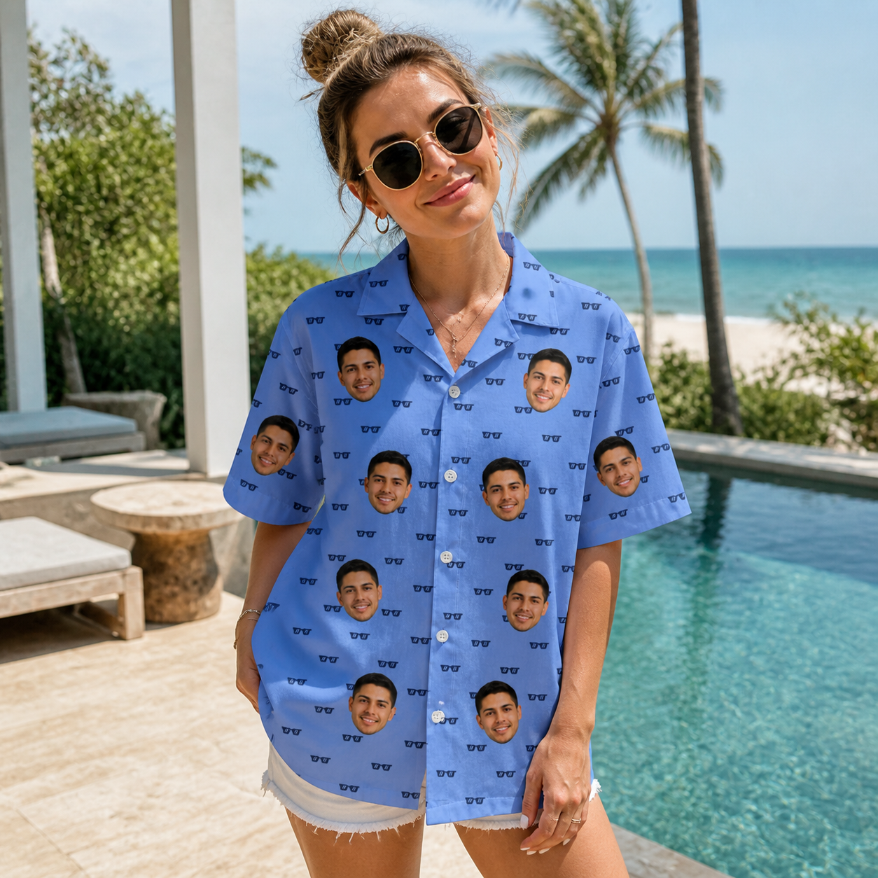 Real-life photo of someone wearing Women's Bride Blinders Custom Face Hawaiian Shirt — custom faces printed all-over