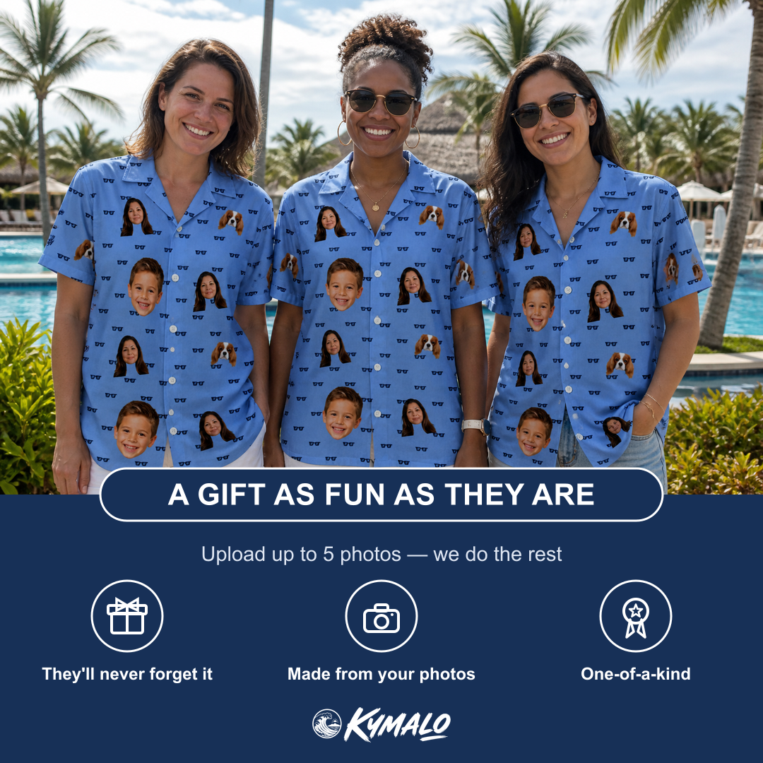 Friends in matching Women's Bride Blinders Custom Face Hawaiian Shirt — a group gift photo