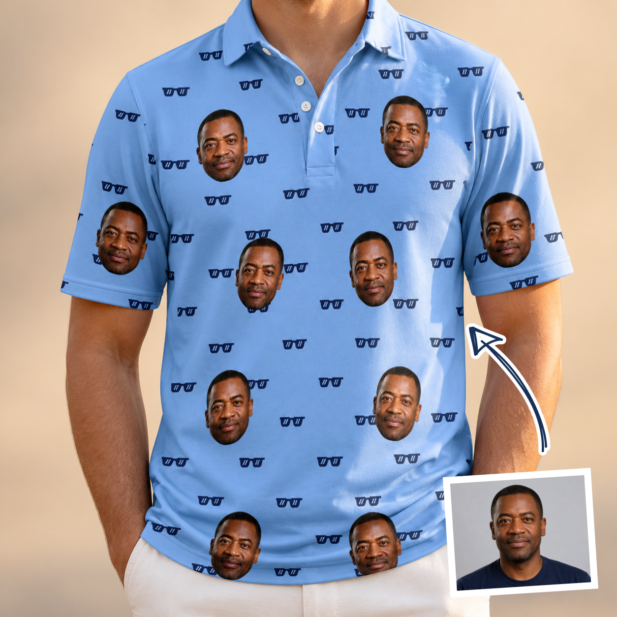 Man wearing Men's Bride Blinders Custom Face Polo Shirt — custom faces printed all-over