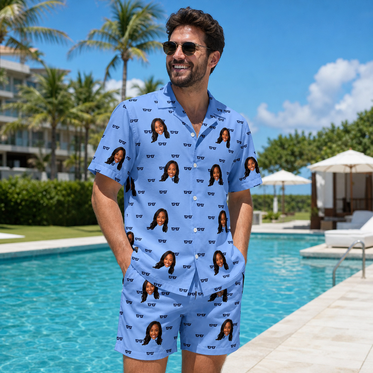 Real-life photo of someone wearing Men's Bride Blinders Custom Face Shirt & Shorts Set — custom faces printed all-over