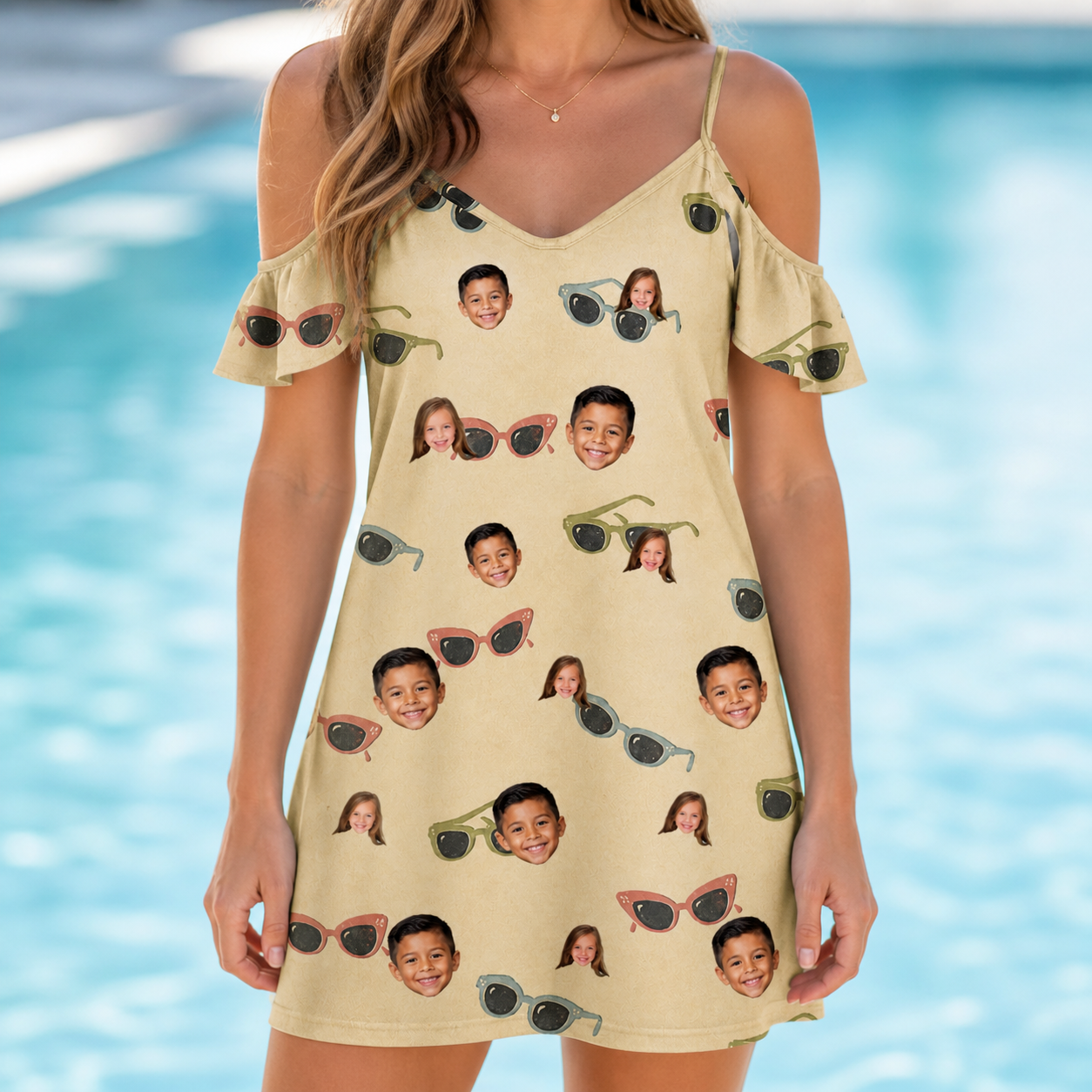 Model wearing Women's Veil Vibes Custom Face Off-Shoulder Dress printed with kids' faces