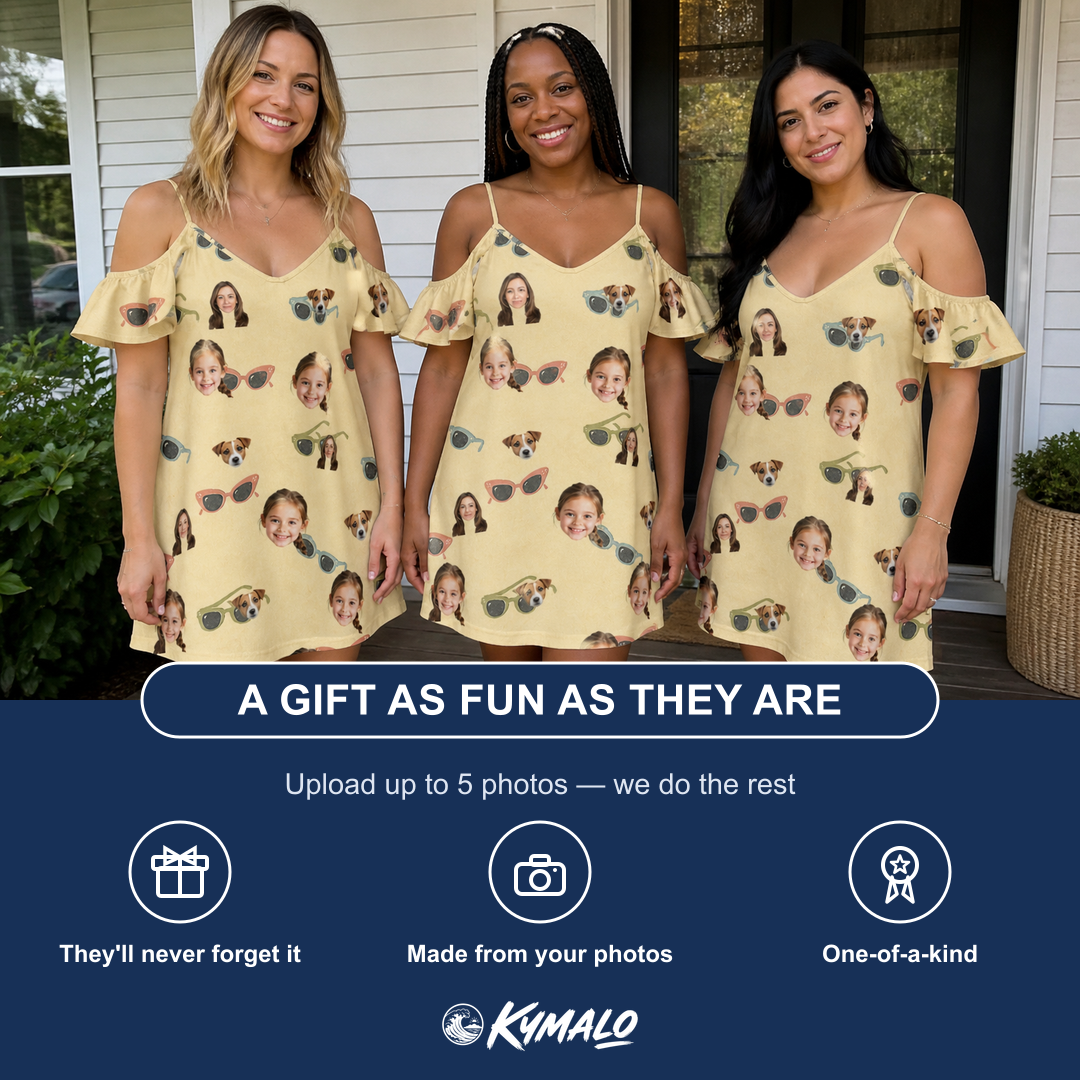 Friends in matching Women's Veil Vibes Custom Face Off-Shoulder Dress — a group gift photo
