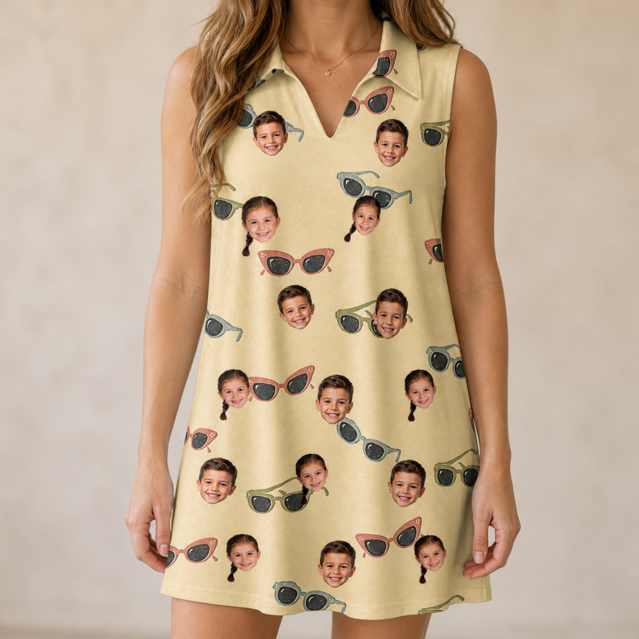 Model wearing Women's Veil Vibes Custom Face V-Neck Dress printed with kids' faces
