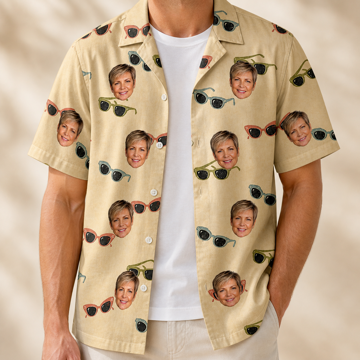 Man wearing Men's Veil Vibes Custom Face Hawaiian Shirt open over a white tee