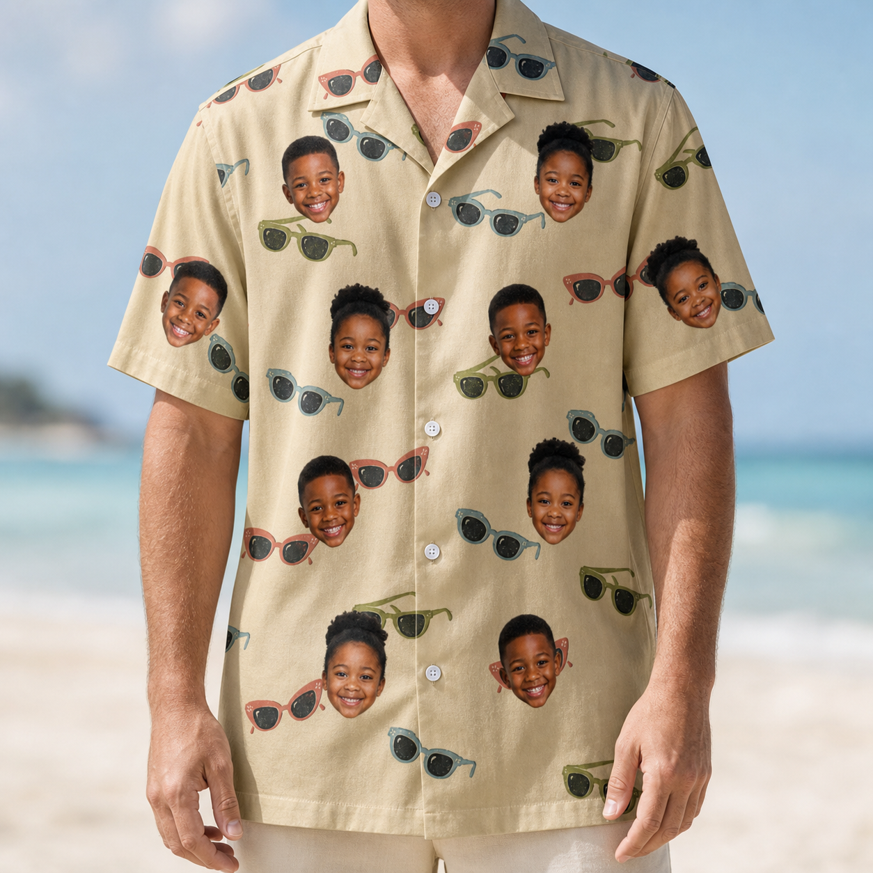 Model wearing Men's Veil Vibes Custom Face Hawaiian Shirt printed with kids' faces