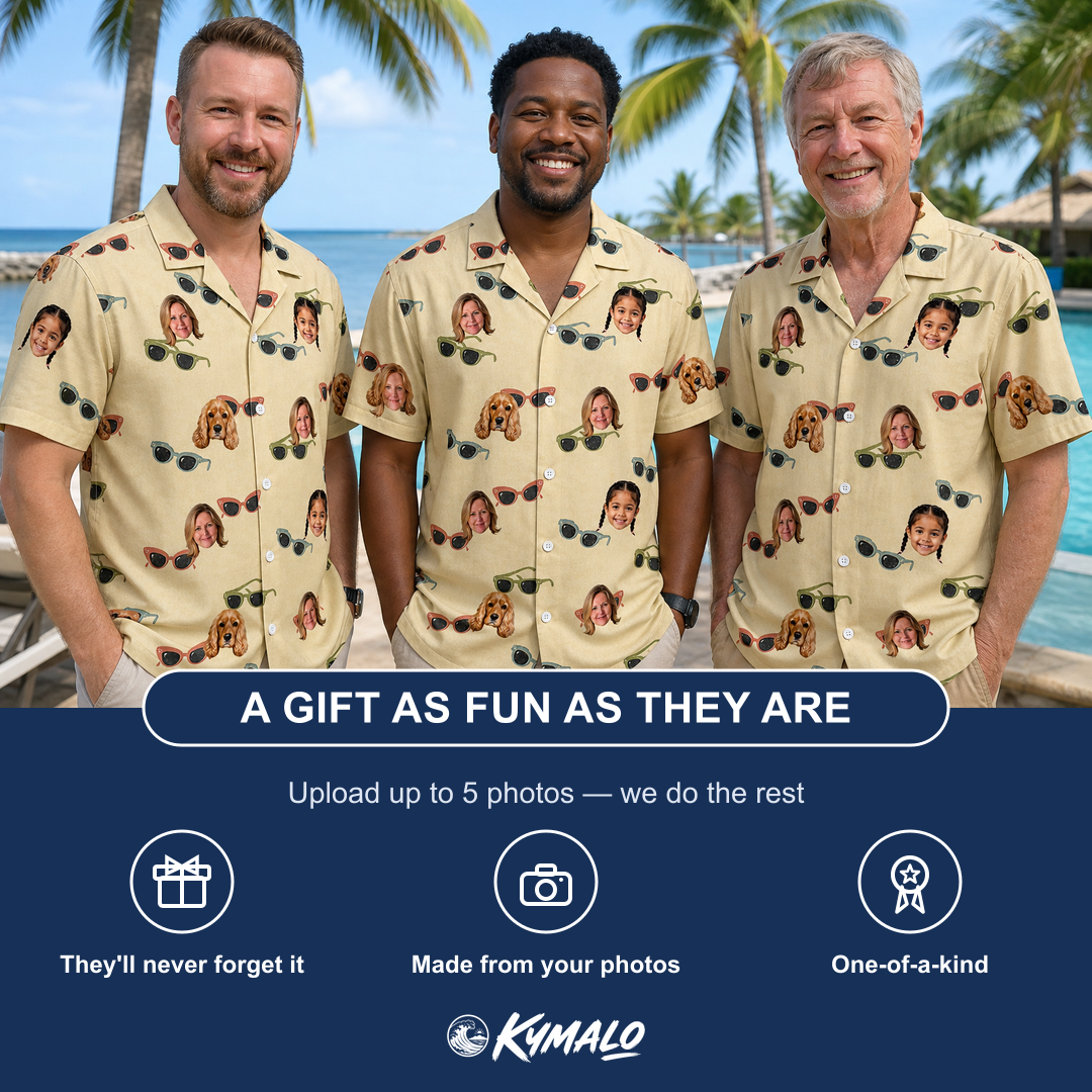 Friends in matching Men's Veil Vibes Custom Face Hawaiian Shirt — a group gift photo