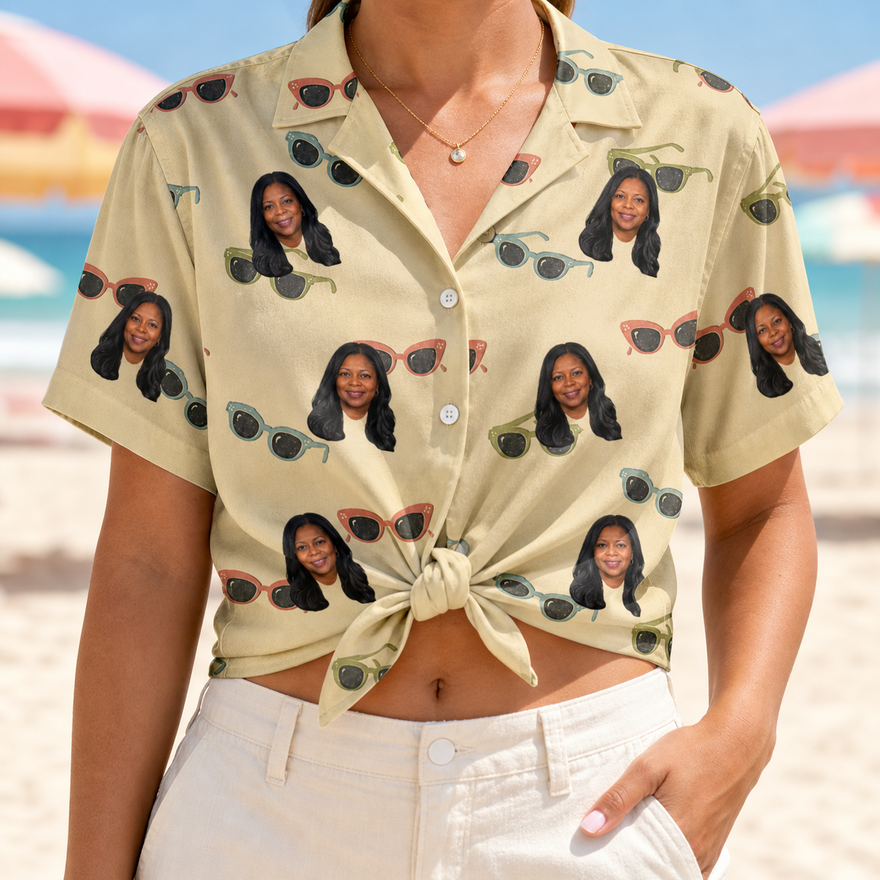 Woman wearing Women's Veil Vibes Custom Face Hawaiian Shirt tied at the waist