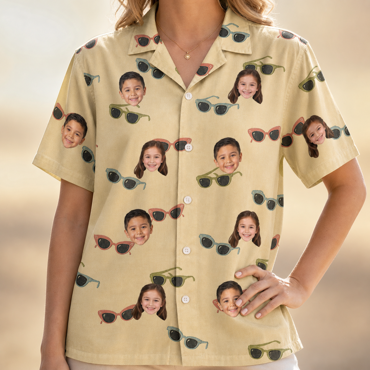 Model wearing Women's Veil Vibes Custom Face Hawaiian Shirt printed with kids' faces