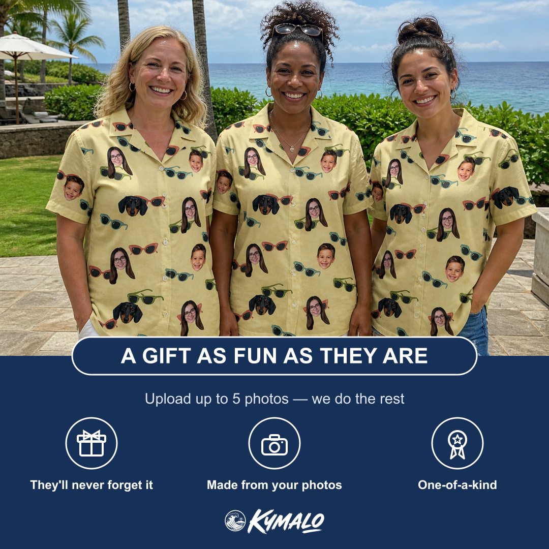 Friends in matching Women's Veil Vibes Custom Face Hawaiian Shirt — a group gift photo