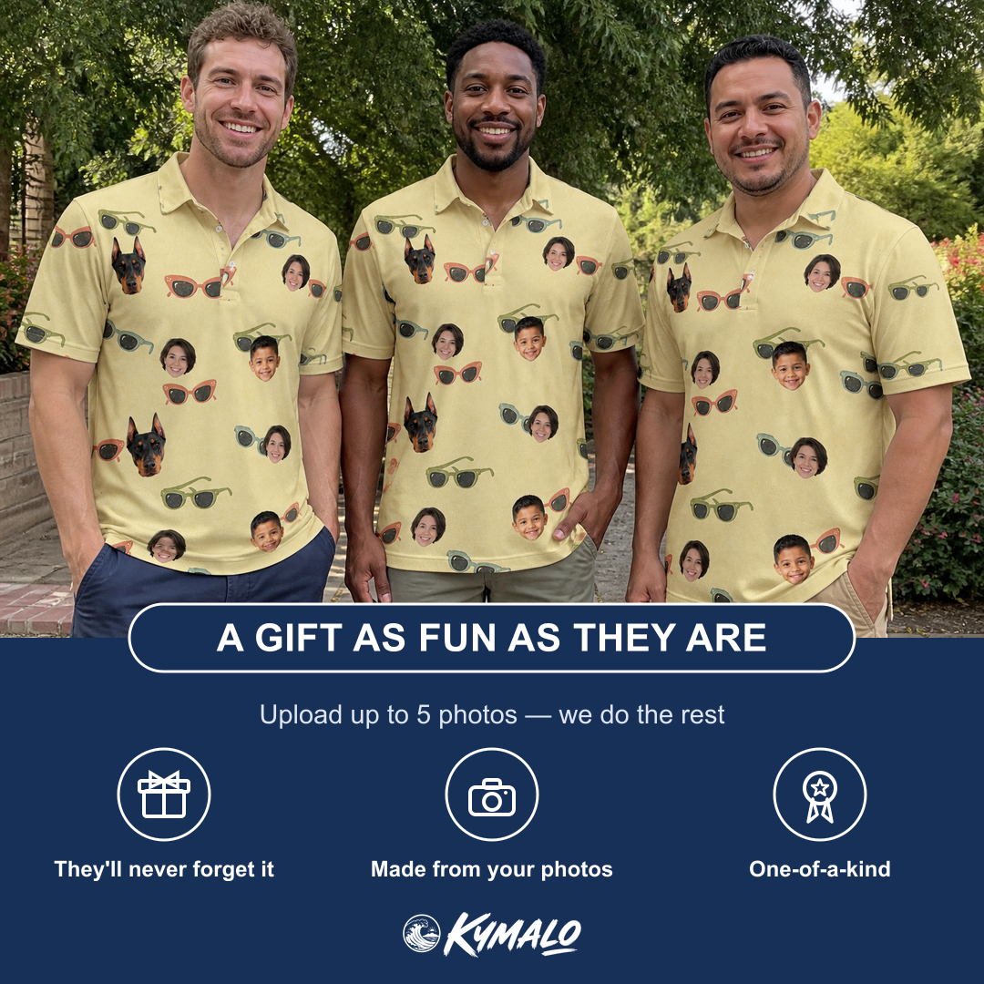 Friends in matching Men's Veil Vibes Custom Face Polo Shirt — a group gift photo