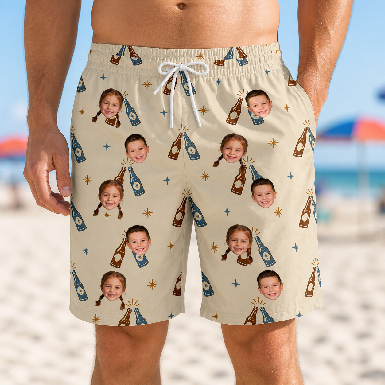 Model wearing Men's Vow Vino Custom Face Beach Shorts printed with kids' faces