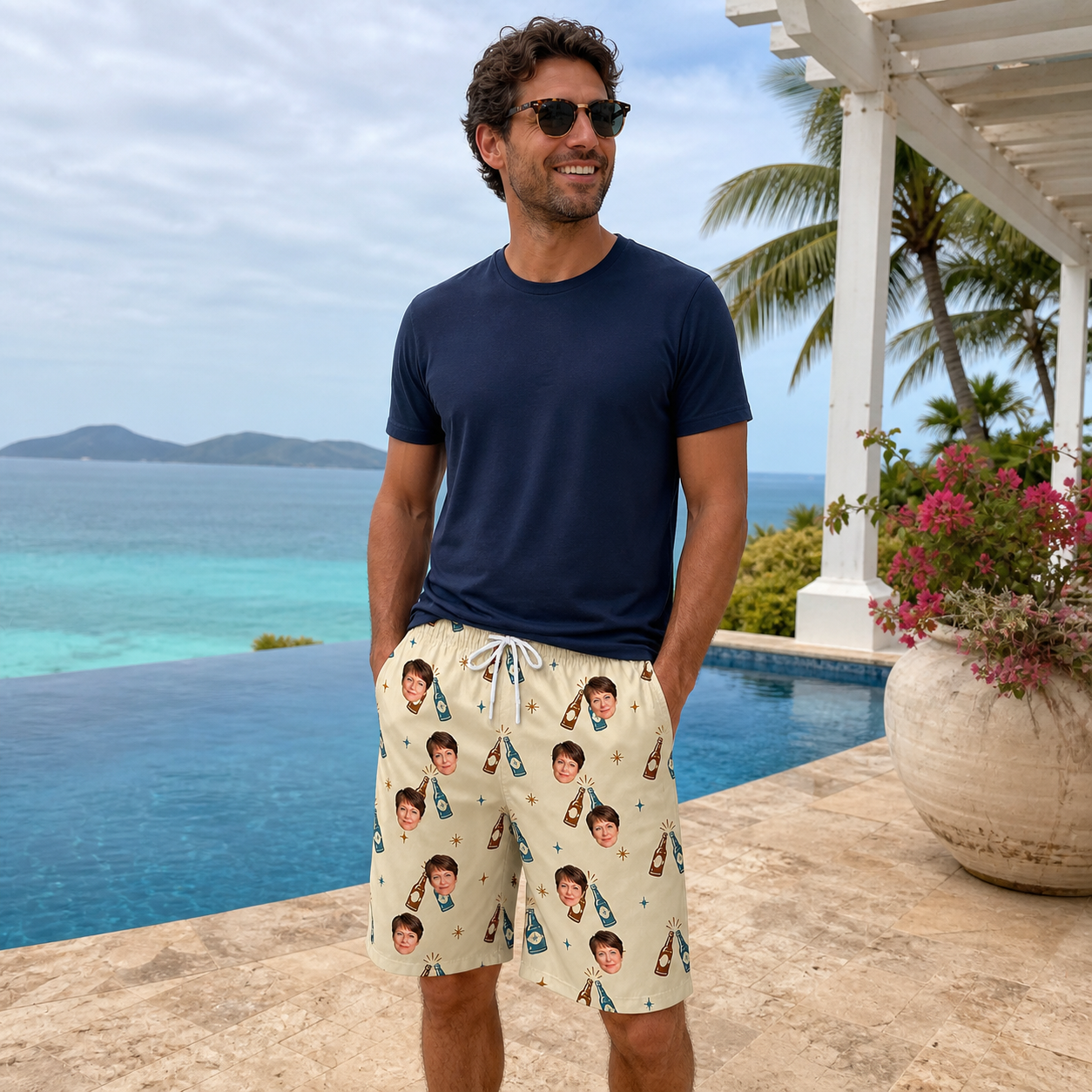Real-life photo of someone wearing Men's Vow Vino Custom Face Beach Shorts — custom faces printed all-over
