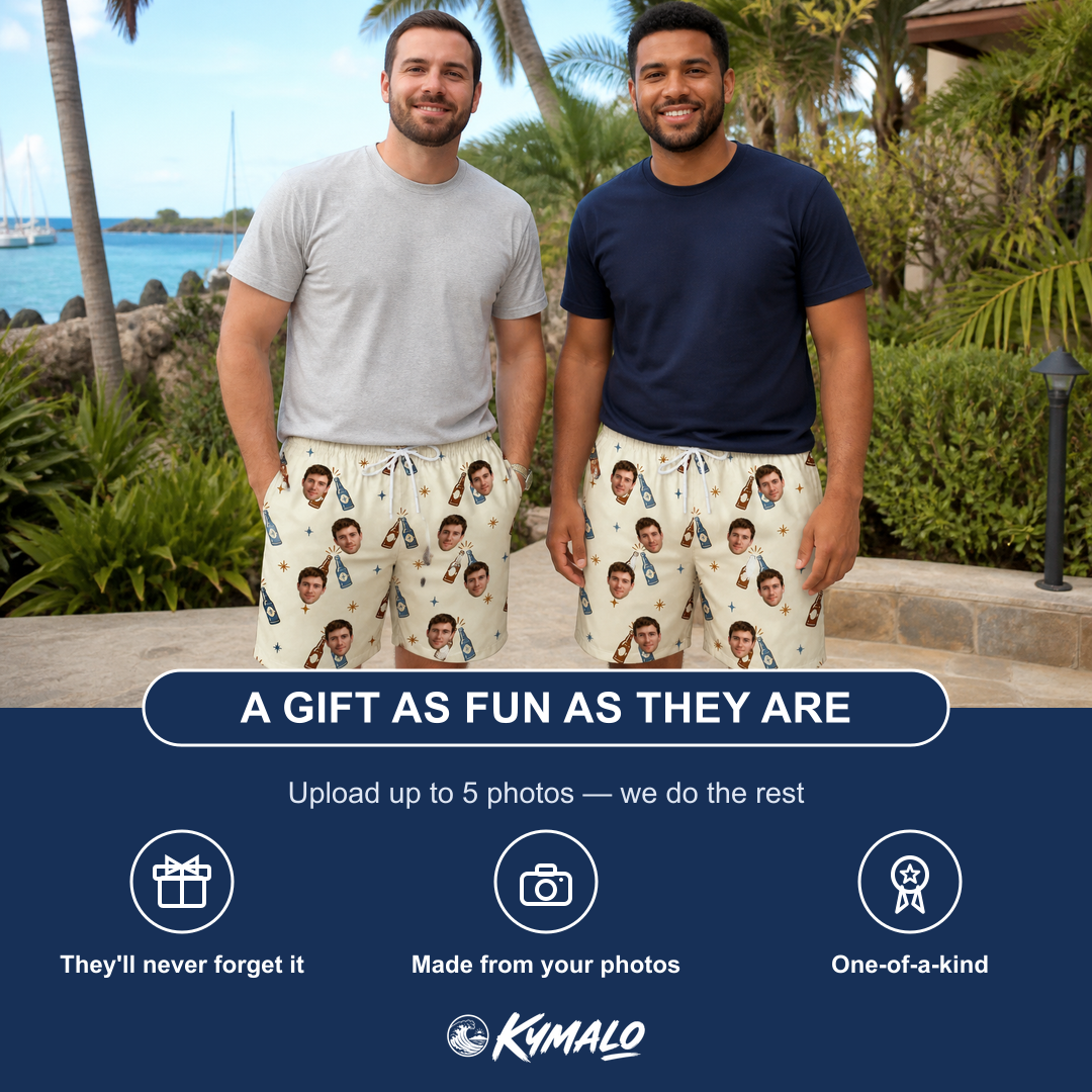 Friends in matching Men's Vow Vino Custom Face Beach Shorts — a group gift photo