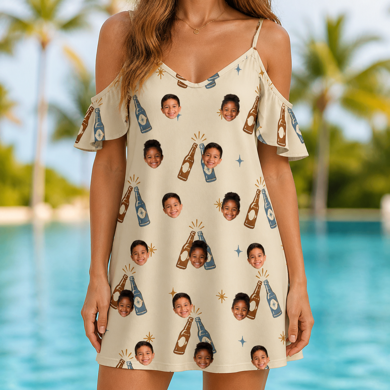 Model wearing Women's Vow Vino Custom Face Off-Shoulder Dress printed with kids' faces