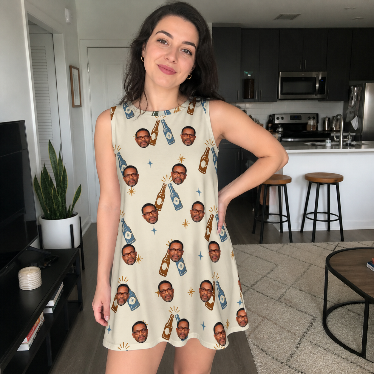 Real-life photo of someone wearing Women's Vow Vino Custom Face Tank Dress — custom faces printed all-over