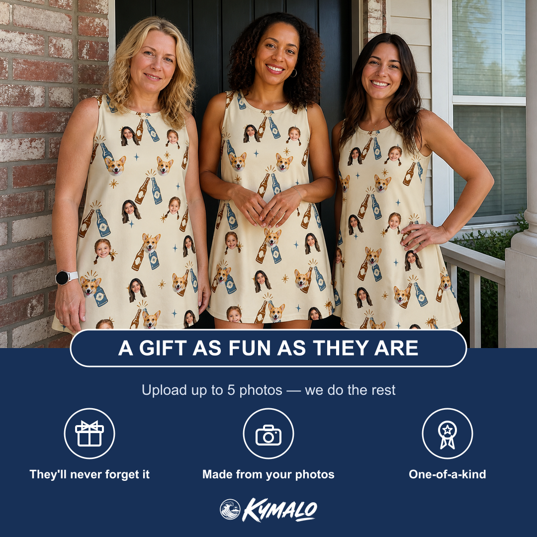 Friends in matching Women's Vow Vino Custom Face Tank Dress — a group gift photo