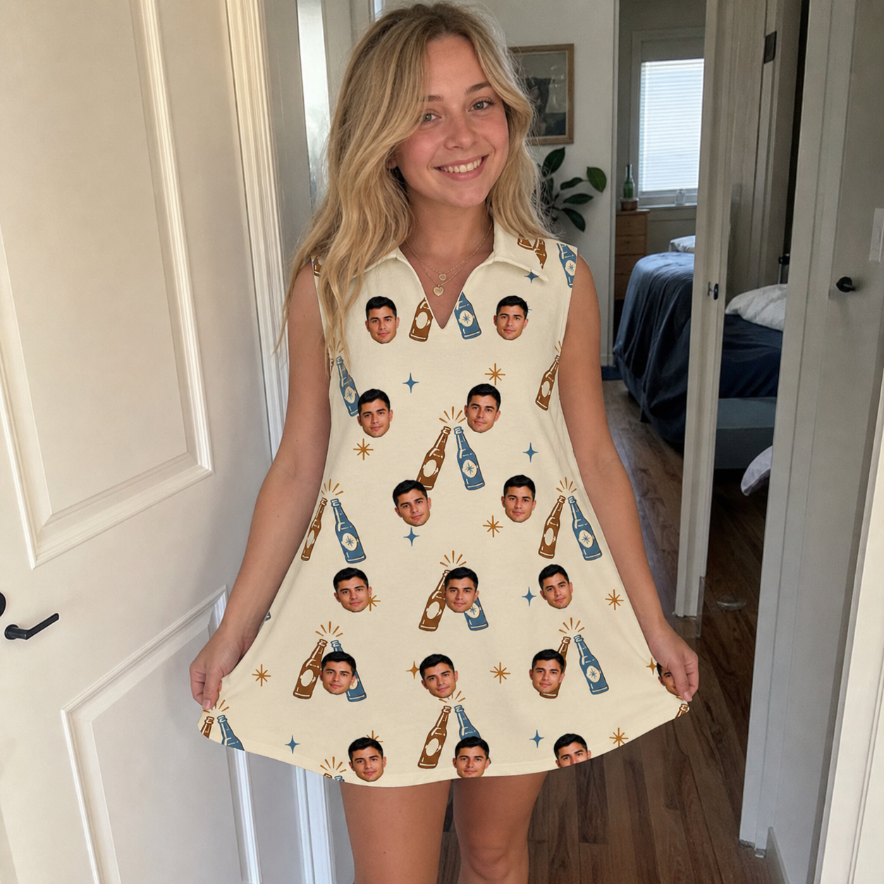 Real-life photo of someone wearing Women's Vow Vino Custom Face V-Neck Dress — custom faces printed all-over