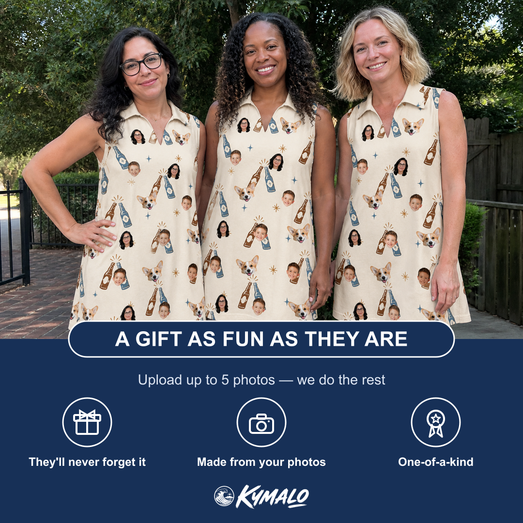 Friends in matching Women's Vow Vino Custom Face V-Neck Dress — a group gift photo