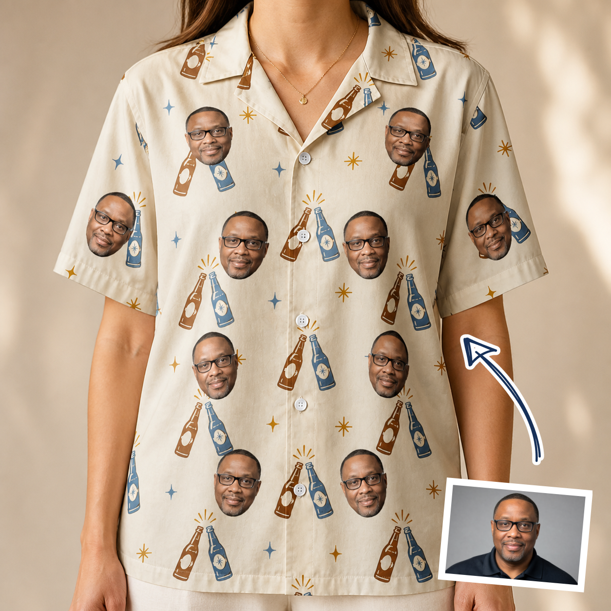 Woman wearing Women's Vow Vino Custom Face Hawaiian Shirt — custom faces printed all-over