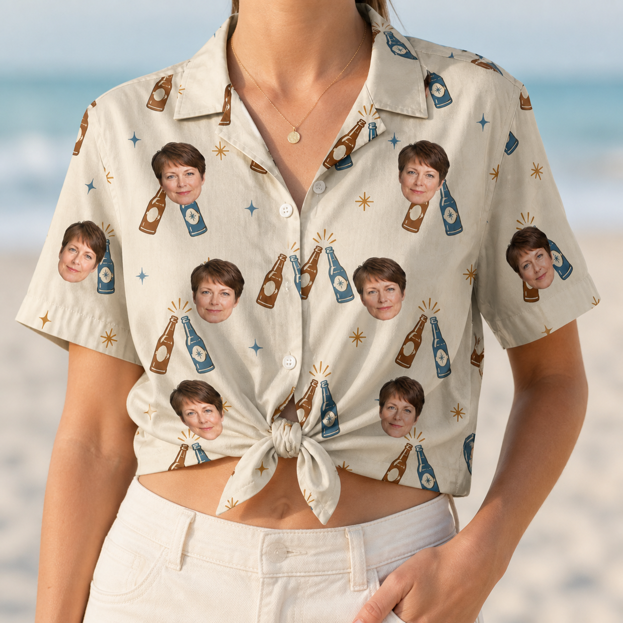 Woman wearing Women's Vow Vino Custom Face Hawaiian Shirt tied at the waist