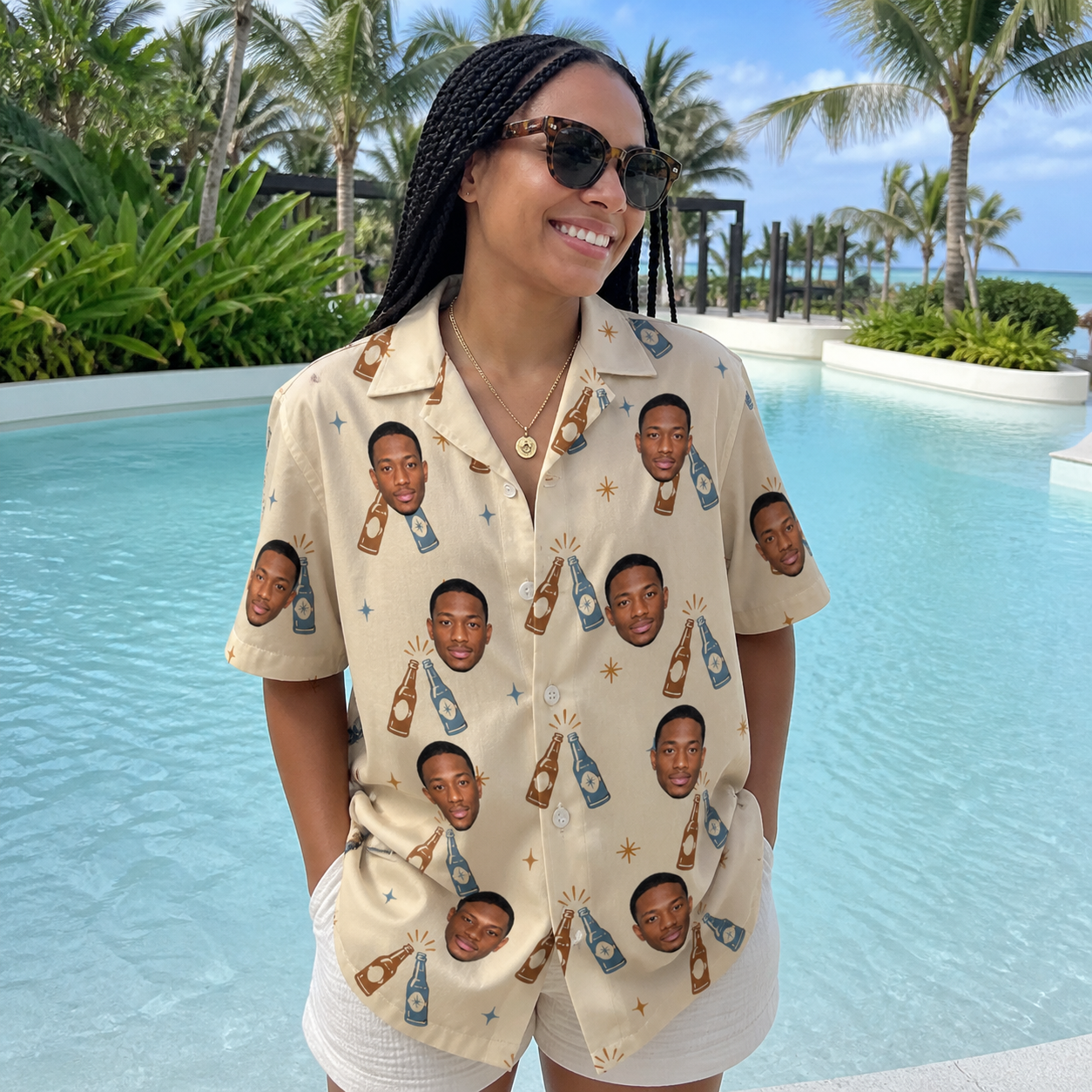 Real-life photo of someone wearing Women's Vow Vino Custom Face Hawaiian Shirt — custom faces printed all-over
