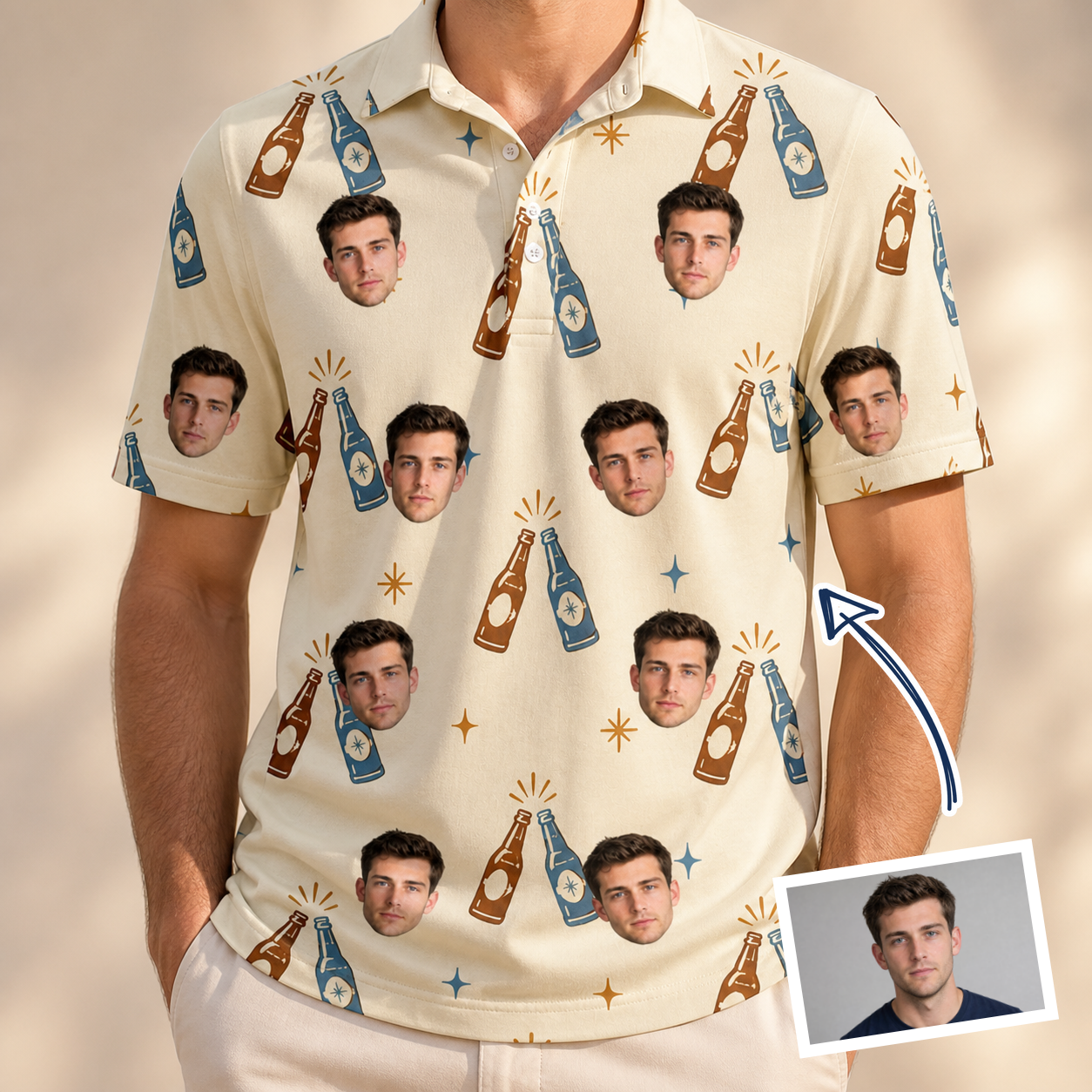 Man wearing Men's Vow Vino Custom Face Polo Shirt — custom faces printed all-over