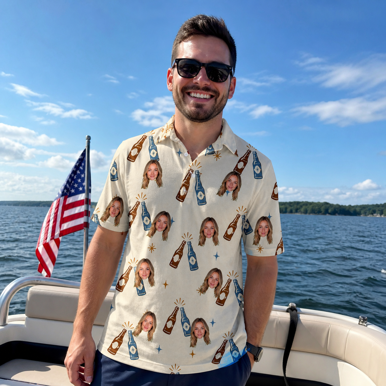 Real-life photo of someone wearing Men's Vow Vino Custom Face Polo Shirt — custom faces printed all-over