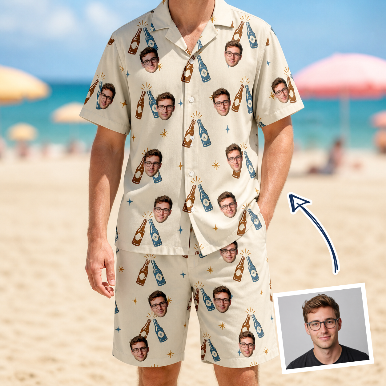 Man wearing Men's Vow Vino Custom Face Shirt & Shorts Set — custom faces printed all-over