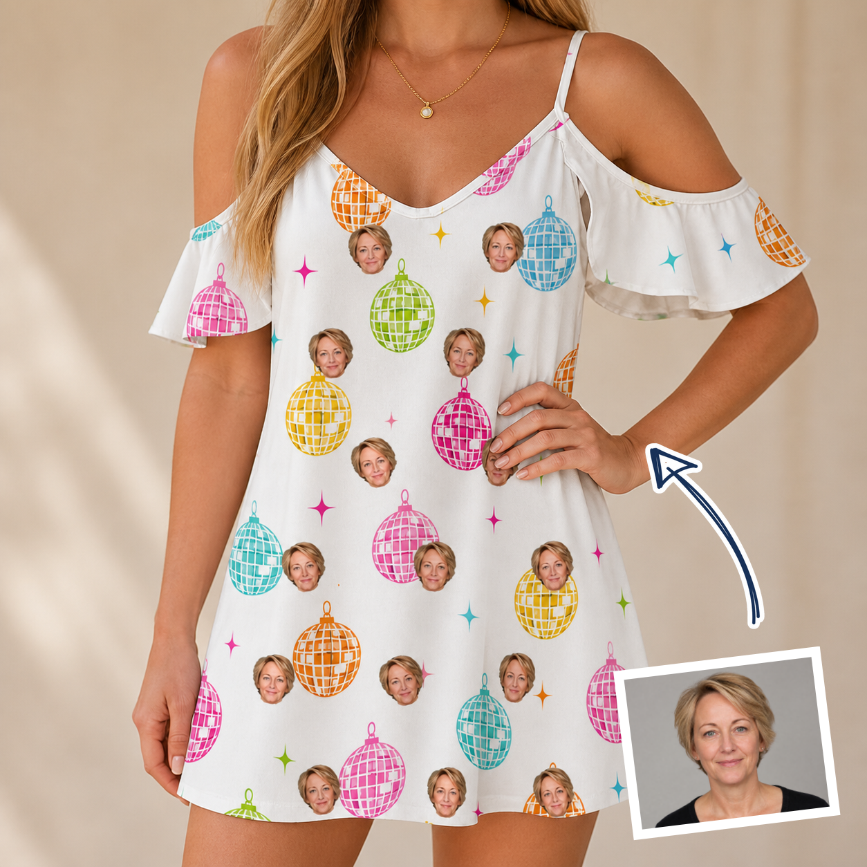 Woman wearing Women's Disco Darling Custom Face Off-Shoulder Dress — custom faces printed all-over