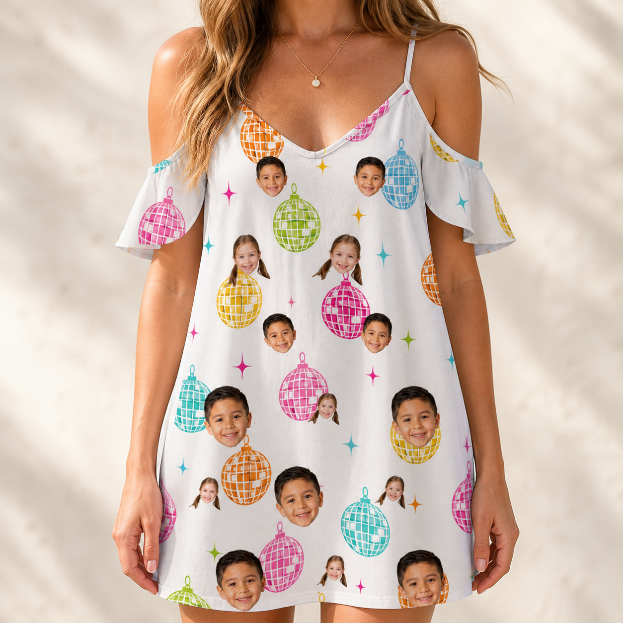 Model wearing Women's Disco Darling Custom Face Off-Shoulder Dress printed with kids' faces