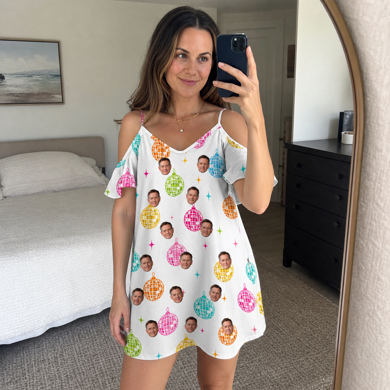 Real-life photo of someone wearing Women's Disco Darling Custom Face Off-Shoulder Dress — custom faces printed all-over